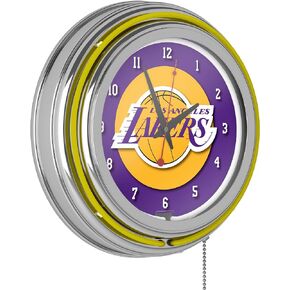 Trademark Global Neon Clock - Retro Los Angeles Lakers Logo Analog Wall Clock with Pull Chain - for Kitchen, Garage, Game Room, or Home Bar