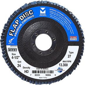 Mercer Industries 262024-4-1/2" x 7/8" Type 27 Zirconia High Density Flap Discs, Grit 24 (10 Pack)