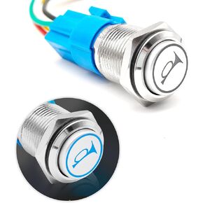 1Pcs 16mm Raised Speaker Horn Momentary Push Button Switch, 12V Led Light Black Stainless Steel Shell LED Lighted Speaker Horn Switch for Car Auto Marine Boat (Black Shell Blue LED)
