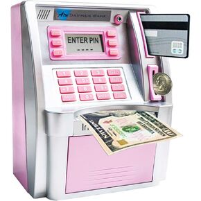 2024 Upgraded ATM Saving Bank Machine for Kids Adults with Card ATM Piggy Bank for Real Money Coin Recognition Mini ATM Savings Bank Money Machine Educational Christmas Birthday Gift(Silver/Pink)