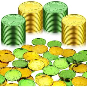50 Pieces St. Patrick's Day Shamrock Coins Decorative Plastic Coin Green and Gold Fake Coins Small Lucky Coin Clover Coin for St. Patrick's Day Party Supplies, 1.38 Inches