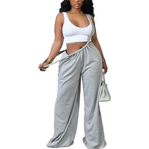 Womens Suspender Overalls Loose Fit High Waisted Tie Back Wide Leg Pants Casual Jumpsuit Romper