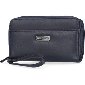 Nautica On The Double Zip Around Vegan Leather Womens RFID Clutch Wallet With Wristlet Strap (Indigo)