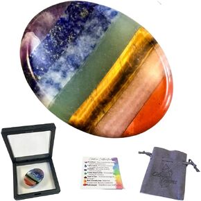 7 Chakra Oval Worry Stone, Chakra Balancing & Meditation Thumb Stone, Anxiety & Stress Relief Healing Crystals with Gemstone/Chakra Info Card, Premium Travel/Storage Bag & Display Frame