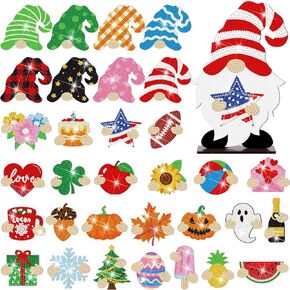 DoubleFill 34 Pcs Magnetic Diamond Art Gnome Interchangeable Gnome Decor DIY Holiday Seasonal Diamond Art Magnet Kits Tiered Tray Decoration Replaceable Accessories for School Office Home