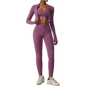 Yknktstc 3 Piece Workout Sets for Women with Strappy Sports Bras High Waist Leggings Crop Top Jacket Gym Yoga Outfit