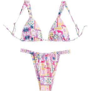Women's High Waisted Bikini Set Floral Print Spaghetti Strap Smocked Wireless Bathing Suit Swimsuit 2 Piece Set
