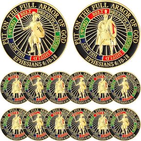 12 Pcs The Full Armor of God Courage Challenge Coins with Coin Case 3D Relief Design Prayer Bible Study Collection Ephe 6: 10-18 Christmas Christian Religious Prayer Gifts for Sunday School