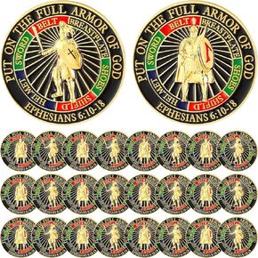 12 Pcs The Full Armor of God Courage Challenge Coins with Coin Case 3D Relief Design Prayer Bible Study Collection Ephe 6: 10-18 Christmas Christian Religious Prayer Gifts for Sunday School