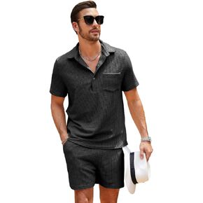 Men Outfits Short Sleeve Shirt Corduroy Solid Top and Shorts Summer 2 Piece Button Up Shirt