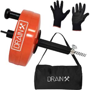 DrainX Power Pro 25-FT أسطوانة فولاذية أوجيه سباكة ثعبان مع ملحق مثقاب | استنزاف الثعبان للاستخدام اليدوي أو بالطاقة | كابل تنظيف الصرف عالي التحمل مع قفازات عمل وحقيبة تخزين متضمنة