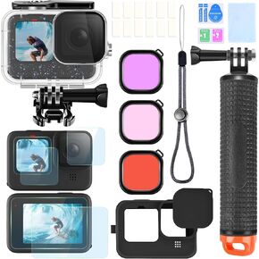 Accessories Kit for Gopro Hero 12 11 10 9 Waterproof Housing Case Underwater Float Handle Silicone Sleeve Lens Cap Tempered Glass Screen Protectors Dive Filters Anti-Fog Inserts Bundle Set