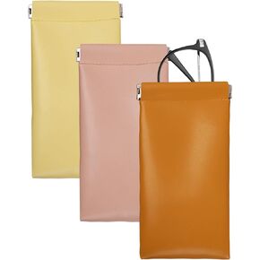 Soft Glasses Case Pouch Bag - Leather Travel Sunglass Case Squeeze Top Eyeglass Case With Hanging Loop 2 Pack (3PCS-Solid Color)