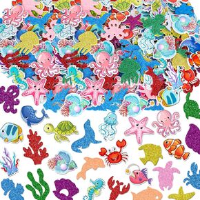 Whaline 350Pcs Sea Animals Foam Stickers Cartoon Crab Turtle Prints Foam Decals Glitter Colorful Self Adhesive Sea Life Sticker Under The Ocean Sticker for Summer DIY Scrapbooking Wall Creative Decor