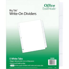 Office Essentials Big Tab Write-On Dividers, 8-1/2 x 11, 5 Tab, White Tab, 12 Pack (24846)