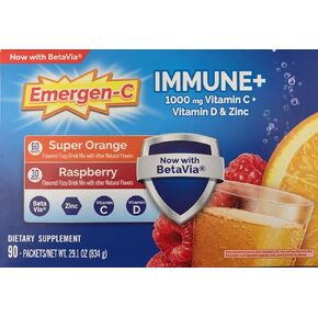Emergen-C Immune+ 1000 mg Vitamin C + Vitamin D & Zinc, (Super Orange 60 Ct/Raspberry 30Ct) 90 Packets