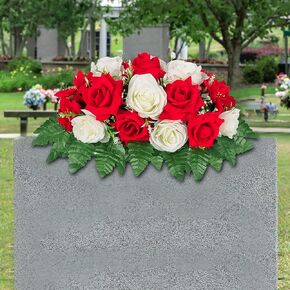 Artificial Cemetery Flower-Outdoor Grave Saddle Headstone Decorations,Blue and White Rose Memorial Day Flowers for gravesite (Blue and White)…