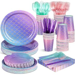 350 Pcs Mermaid Party Supplies Mermaids Themed Decorations Under the Sea Disposable Dinnerware Set Includes Plates Napkins Cups Spoons Fork Knives for Birthday Party, Serves 50 Guests