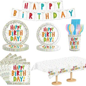 170 Pcs Confetti Birthday Party Tableware Set, Party Table Colorful Supplies Include Disposable Paper Plates, Napkins, Cups, Straws, Tablecloth, Banner and Forks Spoons for 24 Guests