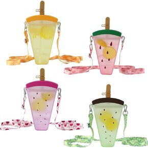 Popsicle Water Bottle with Strap 4 Pack Set - Kids Party Favor Cute Water Bottles No Leak Travel Drink Container