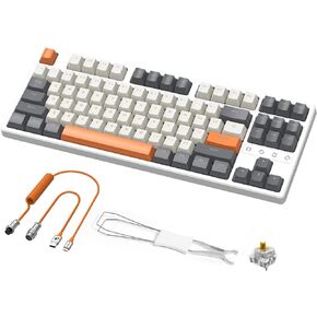 لوحة مفاتيح لاسلكية للألعاب وكابل USB C ملفوف مخصص، وضع ثلاثي 2.4 جيجا هرتز/BT 5.0/USB-C، مفاتيح TKL ميكانيكية قابلة للتبديل السريع باللون الأصفر، قابلة لإعادة الشحن 3000 مللي أمبير للكمبيوتر PS5 PS4 Xbox-2 في مجموعة واحدة in Kuwait