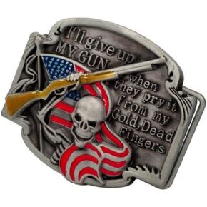 Adult Mens Gun Rights Phrase Shotgun Skeleton Flag Belt Buckle Red