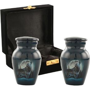 Midnight Wolves Handcrafted Keepsake Urn - 2 Mini Cremation Urns for Ashes Howling at The Moon Sharing Wolf Moonlit Memorial Token (Keepsake Urns Set of 2), Dark Blue