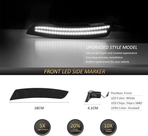 Bestview عدسة مدخنة LED أضواء جانبية أمامية وخلفية ومصابيح جانبية عاكسة متوافقة مع Chevy Camaro 2016-up، إشارة الانعطاف باللون الأبيض - حزمة من 4 in Kuwait