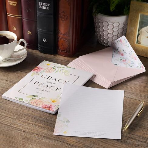 Christian Art Gifts Writing Paper & Envelope Stationery Set for Women: Grace and Peace - Romans 1:7 Inspiring Scripture w/40 Pages & 20 Matching Envelopes, White, Blue, Powdered Pink Multicolor Floral in Saudi Arabia