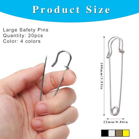 20 قطعة دبابيس أمان كبيرة 4 بوصة/100 مم، دبابيس MaehSab شديدة التحمل من الصلب بقفل زنبركي لخياطة الملابس والبطانيات والحرف والتنانير والبروش والستائر لأغراض الغسيل (ذهبي، فضي، أسود، برونزي) in Kuwait