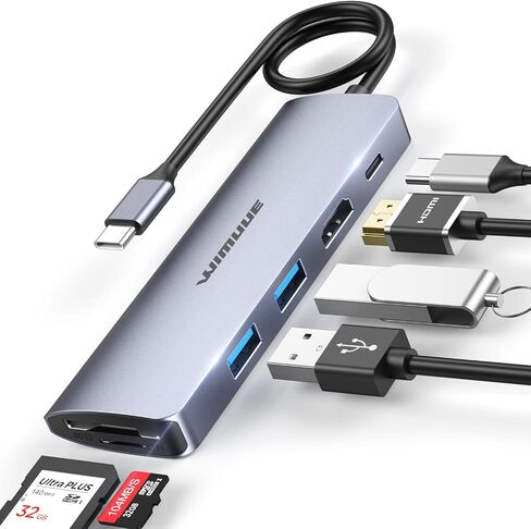 موزع USB C، محول متعدد المنافذ USB 3.0 7 في 1 متوافق مع MacBook Pro، محور WIMUUE Thunderbolt 3 لجميع الأجهزة من النوع C، دونجل USB C مع 2 × USB 3.1 Gen 1/4K HDMI/SD/TF منفذ قارئ بطاقات 100 وات بي دي in Saudi Arabia