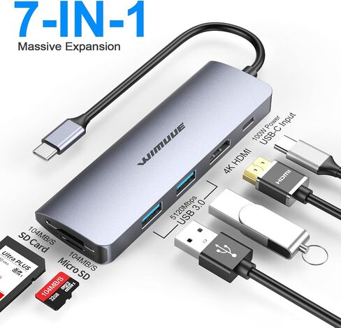 موزع USB C، محول متعدد المنافذ USB 3.0 7 في 1 متوافق مع MacBook Pro، محور WIMUUE Thunderbolt 3 لجميع الأجهزة من النوع C، دونجل USB C مع 2 × USB 3.1 Gen 1/4K HDMI/SD/TF منفذ قارئ بطاقات 100 وات بي دي in Saudi Arabia