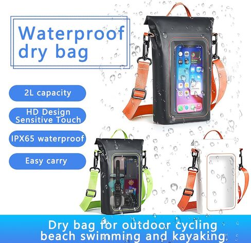 Waterproof Dry Bag 2L Roll top Waterproof Backpack with Phone Cover bag Rowing and Kayaking Accessories Camping Swimming Beach Fishing Rafting dry bags for kayaking waterproof(black+green) in Saudi Arabia