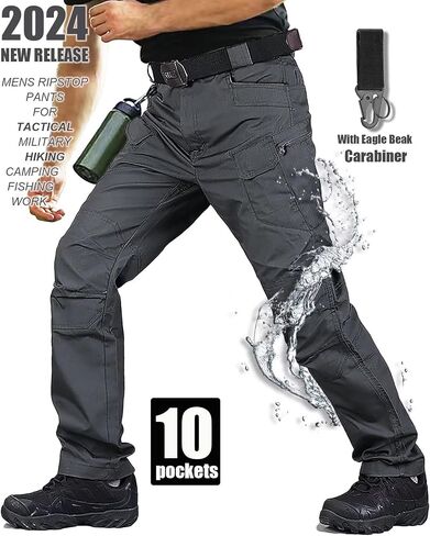 Men's Tactical Hiking Pants,with Carabiner,10-Pocket,Water Resistant,Lightweight Ripstop Cargo Work Military Pants in Saudi Arabia