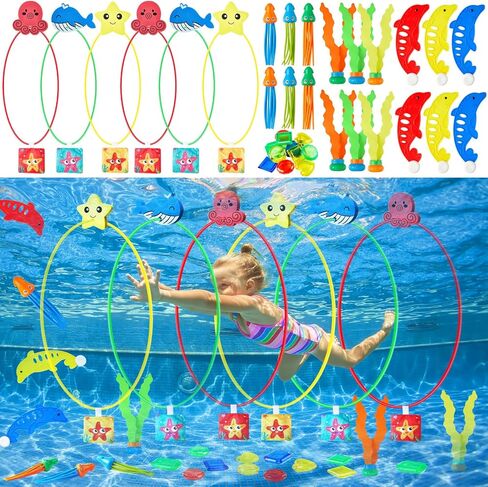 42 Pcs Pool Toys for Kids Age 4-8 8-12, 6 Diving Through Swim Rings, 6 Buoys, 6 Sand Bags and 24 Pool Diving Toys Dolphins Diving Octopuses Toys for Pool Games Toddlers Swim Training in Saudi Arabia