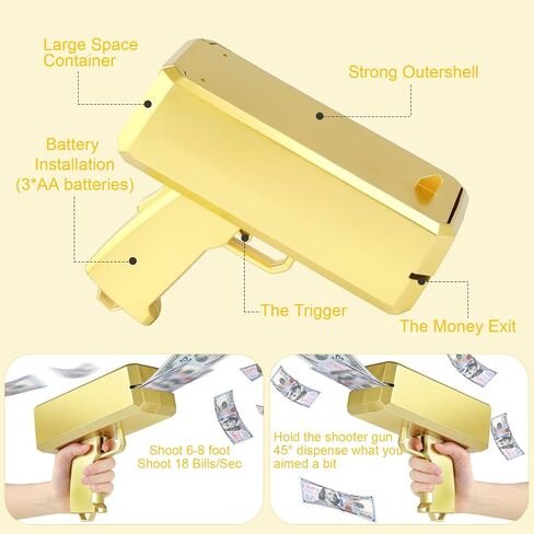Money Gun Shooter Prop Gun That Shoot Money, Gold Money Gun Fake Machine Gun Paper Playing Spray Money Guns, Make It Rain Cash Cannon Money Thrower Gun, Toy Party Supplies (Batteries Included) in Saudi Arabia