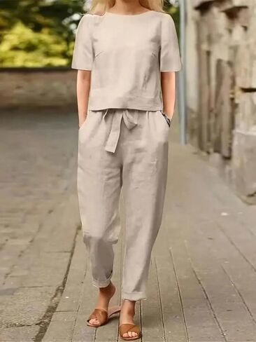 SOLY HUX Women's Casual Short Sleeve Tee Shirt and Belted Pants 2 Piece Outfit in Saudi Arabia