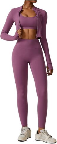 3 Piece Women Workout Set Sports Bra Crop Top Jacket with Thumb Holes Tummy Control High Waist Leggings in Saudi Arabia