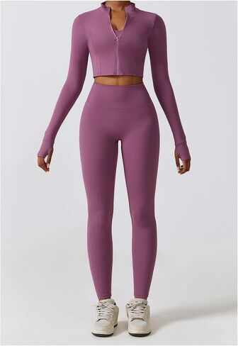 3 Piece Women Workout Set Sports Bra Crop Top Jacket with Thumb Holes Tummy Control High Waist Leggings in Saudi Arabia