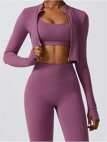 3 Piece Women Workout Set Sports Bra Crop Top Jacket with Thumb Holes Tummy Control High Waist Leggings in Saudi Arabia