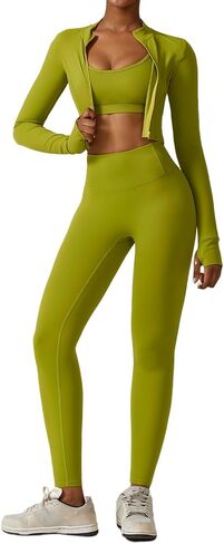 3 Piece Women Workout Set Sports Bra Crop Top Jacket with Thumb Holes Tummy Control High Waist Leggings in Saudi Arabia