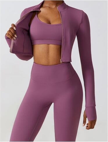 3 Piece Women Workout Set Sports Bra Crop Top Jacket with Thumb Holes Tummy Control High Waist Leggings in Saudi Arabia