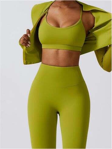 3 Piece Women Workout Set Sports Bra Crop Top Jacket with Thumb Holes Tummy Control High Waist Leggings in Saudi Arabia