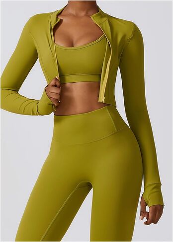 3 Piece Women Workout Set Sports Bra Crop Top Jacket with Thumb Holes Tummy Control High Waist Leggings in Saudi Arabia