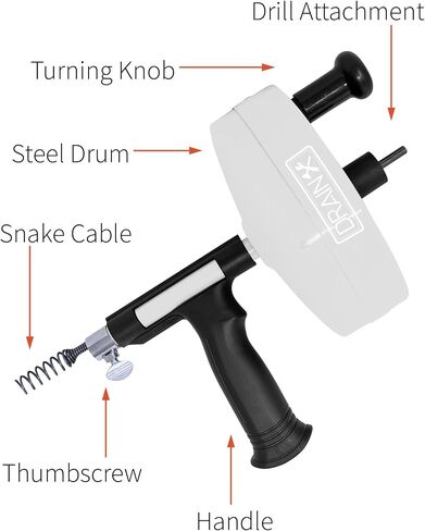 DrainX Power Pro 25-FT Steel Drum Auger Plumbing Snake with Drill Attachment | Drain Snake for Manual or Powered Use | Heavy Duty Drain Cleaning Cable with Work Gloves and Storage Bag Included in Saudi Arabia