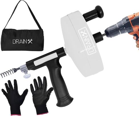 DrainX Power Pro 25-FT Steel Drum Auger Plumbing Snake with Drill Attachment | Drain Snake for Manual or Powered Use | Heavy Duty Drain Cleaning Cable with Work Gloves and Storage Bag Included in Saudi Arabia