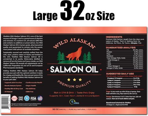 Wild Alaskan Salmon Oil for Dogs, Cats and Pets – 100% Natural Omega-3 Fish Oil Supplement with DHA and EPA Promotes Hip and Joint Function, Healthy Skin and Coat (32 oz) in Saudi Arabia