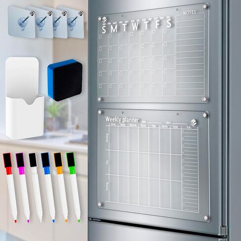 تقويم ثلاجة مغناطيسي مع مخططات لوح أكريليك شفافة شهرية وأسبوعية مقاس 17 بوصة × 12 بوصة للجدار والتركيب المغناطيسي، يتضمن 6 علامات مغناطيسية وممحاة in Kuwait