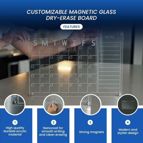 تقويم ثلاجة مغناطيسي مع مخططات لوح أكريليك شفافة شهرية وأسبوعية مقاس 17 بوصة × 12 بوصة للجدار والتركيب المغناطيسي، يتضمن 6 علامات مغناطيسية وممحاة in Kuwait