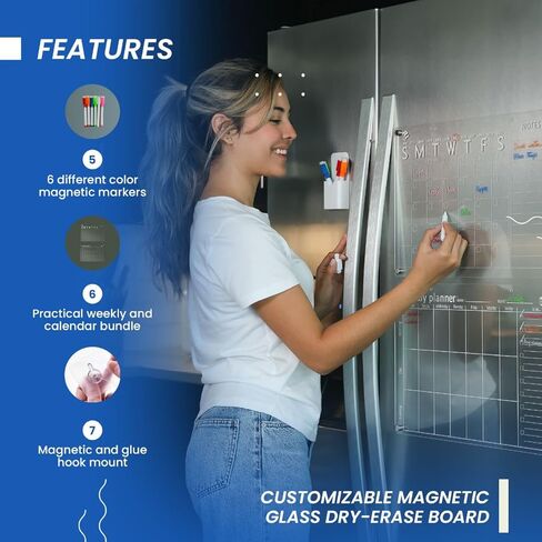 تقويم ثلاجة مغناطيسي مع مخططات لوح أكريليك شفافة شهرية وأسبوعية مقاس 17 بوصة × 12 بوصة للجدار والتركيب المغناطيسي، يتضمن 6 علامات مغناطيسية وممحاة in Kuwait
